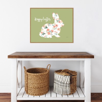 Floral Bunny Canvas Wall Art Print in Green Frame