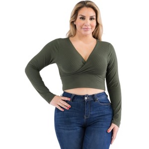 Slickblue Plus Size Ribbed Wrap Front Long Sleeve Top, Stretch Fit, Casual Style, Multiple Color Options, Size 1XL-3XL - 1 of 4