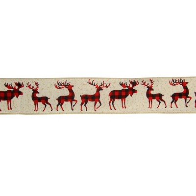 Northlight Beige and Red Plaid Buffalo with Reindeer Christmas Wired Craft Ribbon 2.5" x 16 Yards