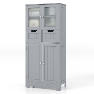 Costway Bathroom Floor Storage Cabinet Kitchen Cupboard with 2 Drawers & Glass Doors Grey - 1 of 4