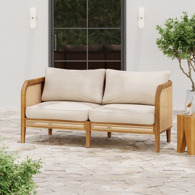 1 Piece Outdoor Wicker Loveseat,All Weather Patio Wicker Chair with Cushion,Solid Acacia Wood Lounge Sofa For Poolside Garden-Coolbibila