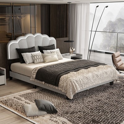 FUFU&GAGA Gray Queen-size Upholstered Bed Frame with Scalloped Headboard & LED Accent Light