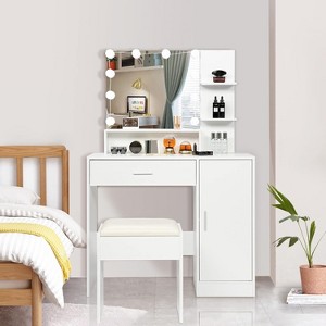 VINGLI Vanity Table Set with Lighted Mirror&Stool, Makeup Vanity Set with 10 LED Lights in 3 Colors,1 Drawer, for Bedroom,White - 1 of 4