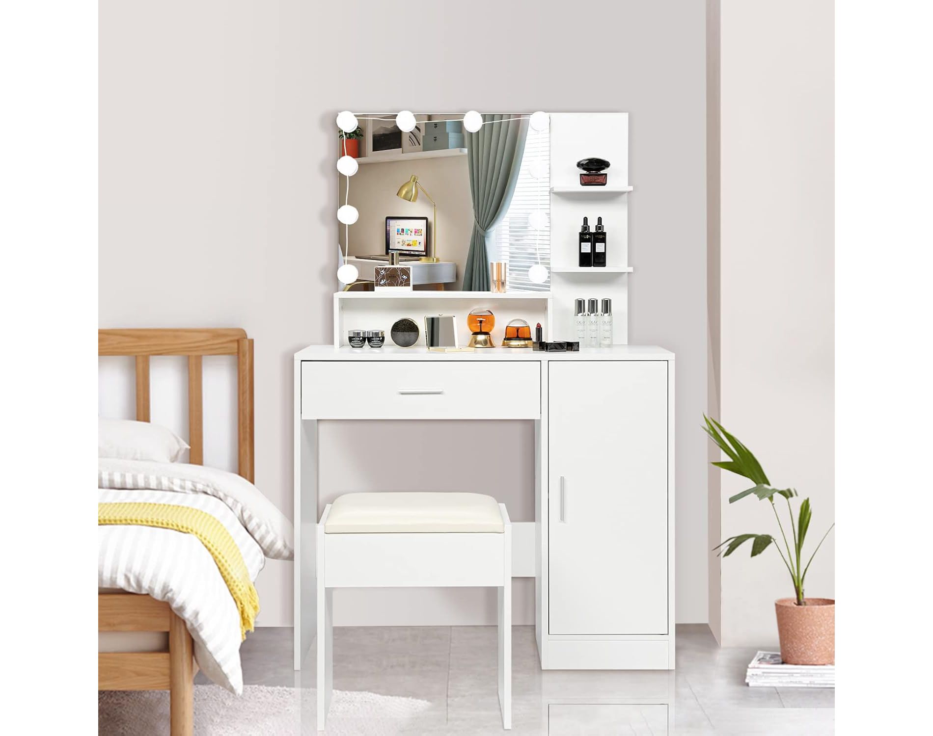 VINGLI Vanity Table Set with Lighted Mirror&Stool, Makeup Vanity Set with 10 LED Lights in 3 Colors,1 Drawer, for Bedroom,White