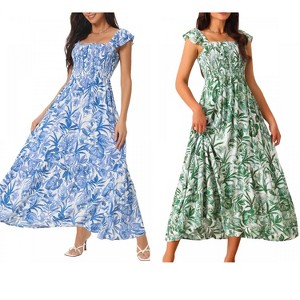 INSPIRE CHIC Women's Summer Boho Smocked Square Neck Cap Sleeve Ruffle Floral Flowy Tiered Maxi Sundress 2 Packs - 1 of 4