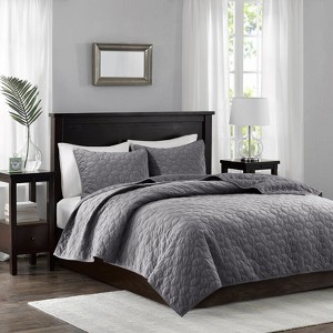 FIONECA 3-Piece Luxe Antimicrobial Velvet Coverlet Set Geometric Quilted Cozy Bedding - 1 of 4