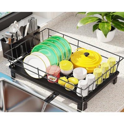 Simple Trending Dish Drying Rack with Plastic Drainboard, Large Capacity Dish Drainer for Kitchen Counter, Rust-Proof with Utensil Holder, Black