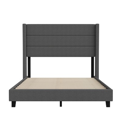 Charcoal Faux Linen Full Platform Bed with Wingback Headboard