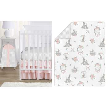Sweet Jojo Designs Girl Baby Crib Bedding Set - Bunny Floral Pink Grey and White 4pc