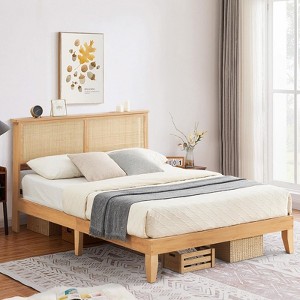 Natural Full-Size Platform Bed Frame – Modern Rattan Headboard & LED Lights, Farmhouse Noise-Free Foundation (Wood Slats), No Box Spring Needed - 1 of 4