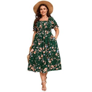 Coolmee Women's Plus Size Floral Summer Dress Puff Sleeve Smocked Ruffle Square Neck Casual Dress Cute Midi Dress - 1 of 4