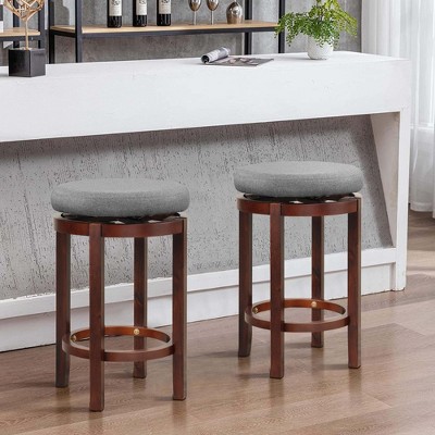 Gray Upholstered Swivel Backless Wooden Bar Stools, Set of 2