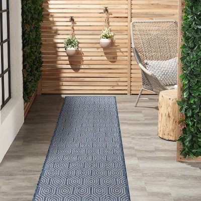 Blue Geometric Flat Woven Synthetic Runner Rug 2'x7'