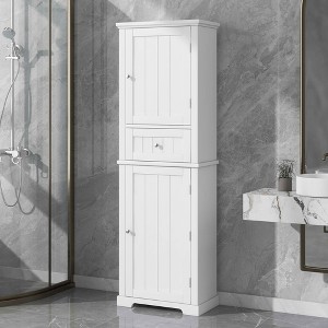 MAYEERTY Tall Bathroom Cabinet Freestanding Storage Drawer Adjustable Shelf MDF Painted White - 1 of 4