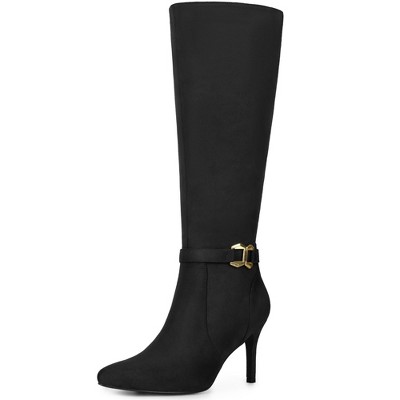 BLISSFUL STEP Women's Buckle Pointed Toe Side Zip Stiletto Heel Knee High Boots
