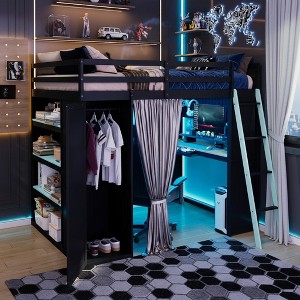 Polibi Full Size Loft Bed with Wardrobe, Desk, Blackout Curtains & RGB App-Controlled Lights - 1 of 4