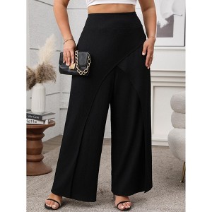 Women's Plus Size Faux Wrap Palazzo Pants Mid Rise Plus Size Wide Leg Pants Asymmetric Pants - 1 of 4