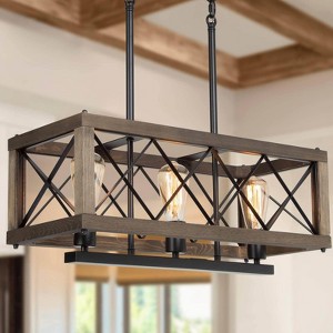LNC Lucia Modern Farmhouse Rectangle  Kitchen Island Pendant  Lights, Matte Black and Brown Wood,3/4/5Light,24in/27.5in/32in - 1 of 4