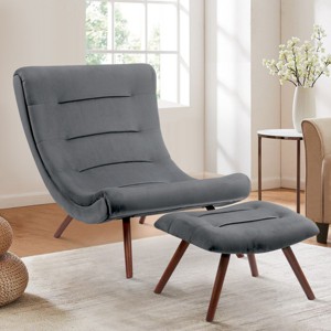 Jupiter 33.5" High Back Wide Upholstered Performance Velvet Lounge Chair Chaise and Ottoman Foot Rest Set-Maison Boucle - 1 of 4
