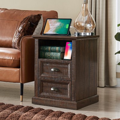Sonkuki 21" Tall Nightstand with Charging Station and 2 Storage Drawers, Wood Rustic Side Table w/Open Shelf for Bedroom