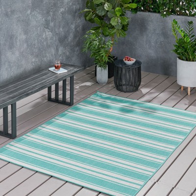 FONTOI Woven Area Rugs, Stitched Grid Rugs for Patio Deck Home Living Room, Indoor and Outdoor, Blue&White, 84"*0.16"*63"
