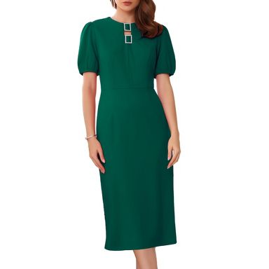 INSPIRE CHIC Women's Puff Sleeve Keyhole Round Neck Elegant Sheath Business Midi Pencil Dress X-Large Dark Green