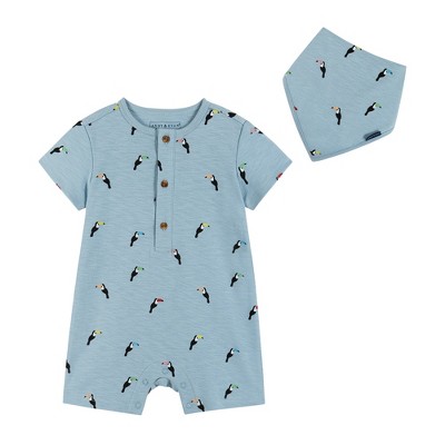 Image of Andy & Evan Infant  Blue Toucan Print Knit Short Sleeve Romper With Bib., Size 6-9 Months.