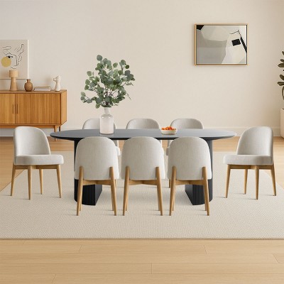 9-Piece Oval Dining Table Set, 79'' Pedestal Table with 8 Upholstered Linen Fabric Chairs, Modern Dining Room Furniture for 8-Maison Boucle