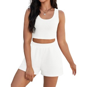 ATHLECHIC Onfers Women Ribbed Knit Crop Tank Tops Short Sets with Pockets Travel Outfits 2 Pcs - 1 of 4