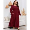 Whizmax Womens Plus Size Round Neck Long Sleeve Empire Waist Pleated Hem Boho Maxi Dress With Pockets Wine Red 3XL - image 4 of 4