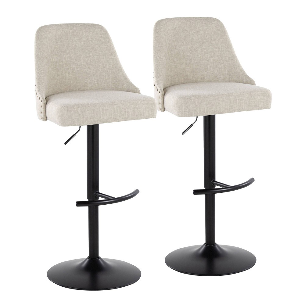 LumiSource Set of 2 Studded Marcel Barstools Black Metal/Cream Fabric/Brass Metal