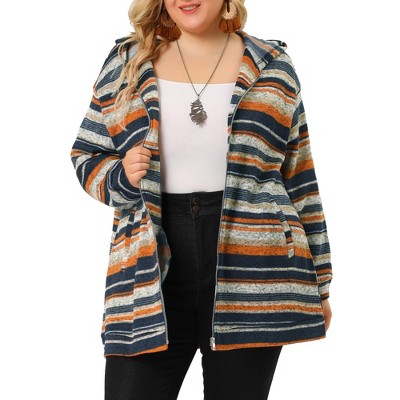 Agnes Orinda Women's Plus Size Zip Up Knit Stripe Printed Long Sleeve Boho Bohemian Hoodies Jackets