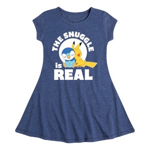 Girls' - Pokémon - The Snuggle Is Real Pikachu And Piplup Fit & Flair Cap Sleeve Dress - 1 of 3