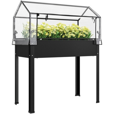 Black Steel Raised Garden Bed with Clear Greenhouse Cover