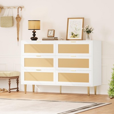 Whizmax Rattan 6 Drawer Dresser, Wooden Chest of Drawers with 5 Metal Legs, Golden Handles, Wide Double Drawer Dresser for Bedroom, Living Room