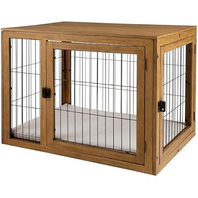 Furniture-Style Dog Crate - Acacia Wood Kennel for Large Dogs with Double Doors and Cushion - Dog Kennel Furniture by PETMAKER (Natural)
