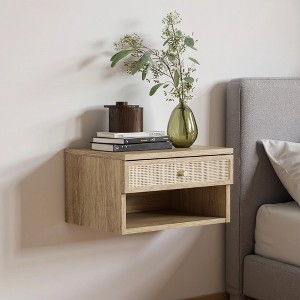 Oak Floating Bedside Table with Drawer, Wall Mount Nightstand, 15.7" Wide Modern Bedside Organizer - 1 of 4