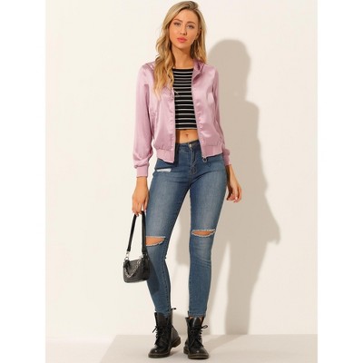 INSPIRE CHIC Women's Casual Zipper Front Satin Lightweight Bomber Jacket Dirty Pink Medium — фото 3