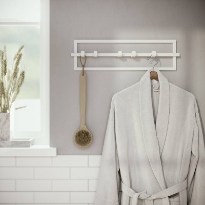 White Steel Wall-Mounted Hook Rail with 5 Adjustable Hooks