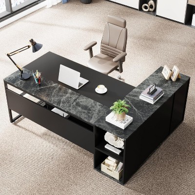 Black L-Shaped Executive Desk with Storage Cabinet and Shelves