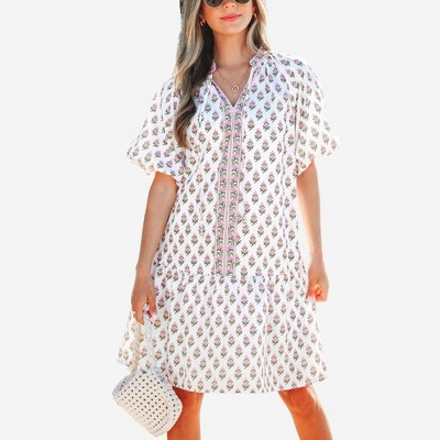 Amaryllis Women’s Ruffle Sleeve V Neck Mini Dress Tiered Hem Pink Green Leaf Print Relaxed Fit Lightweight