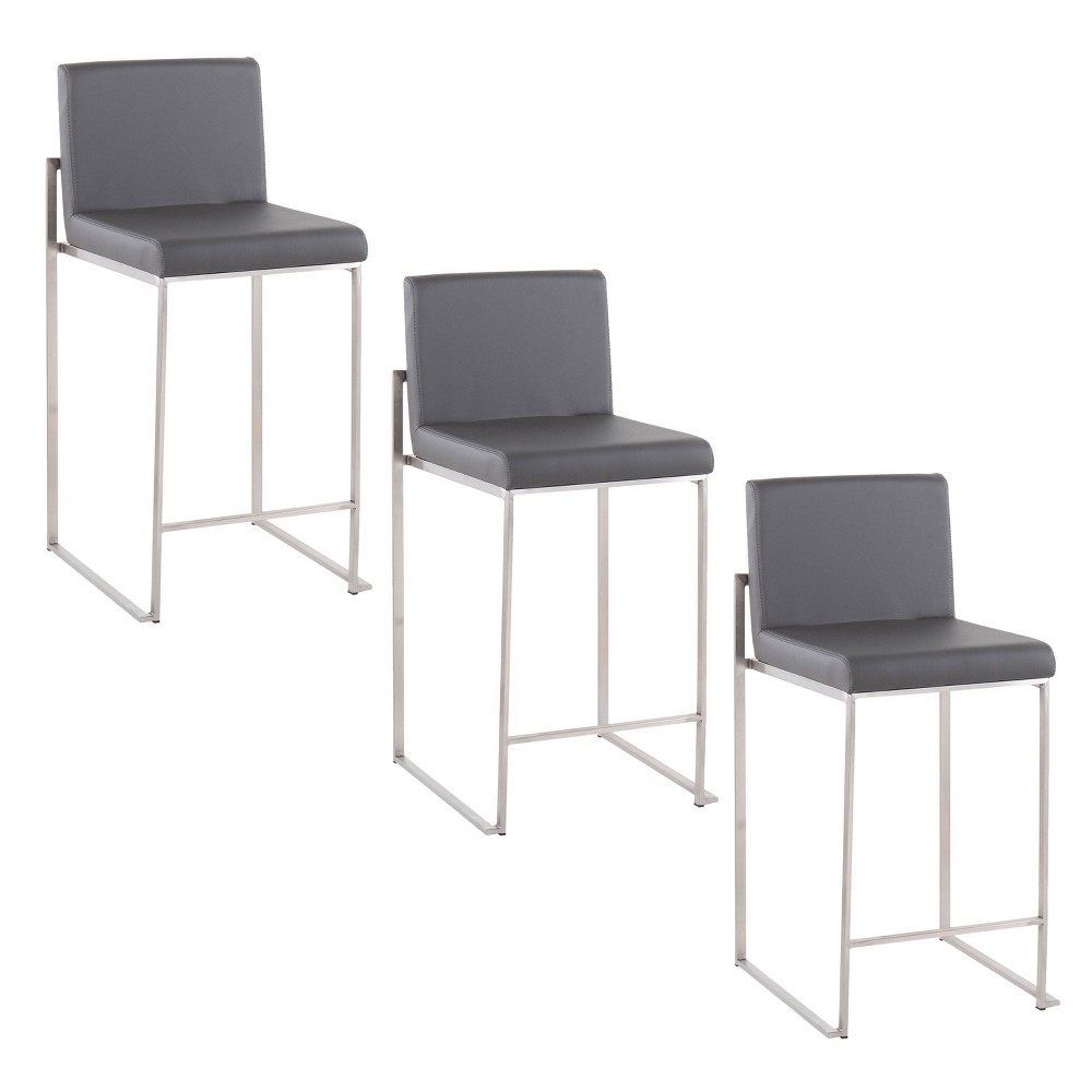LumiSource Fuji High Back Counter Height Barstool Stainless Steel/Gray PU