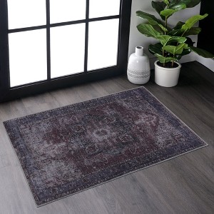 KWPZQEB Burgundy Washable Rug, Non Slip Floral Area Rug, Rectangle Rug with Printed, Boho Rug for Floor, Bathroom, Doormat Indoor Entrance - 1 of 4