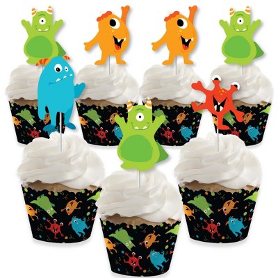 Big Dot of Happiness Monster Bash - Cupcake Decoration - Little Monster Birthday Party or Baby Shower Cupcake Wrappers and Treat Picks Kit - Set of 24