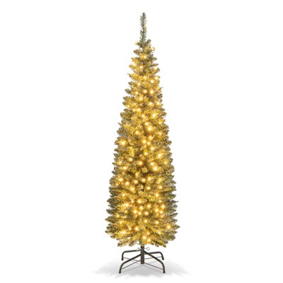 Tangkula 5/6/7/8/9FT Artificial Christmas Tree Pre-lit Pencil Xmas Tree with 296/390/499/591/699 Branch Tips 150/180/200/300/400 Warm White LED Lights