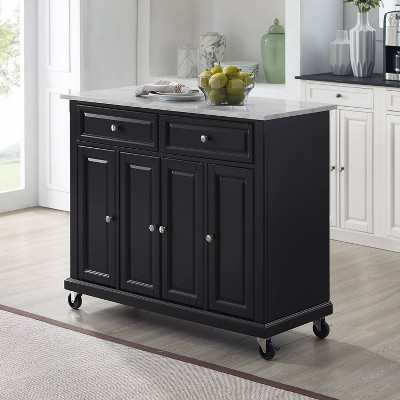 Avery Distressed Black Kitchen Island with Faux-Marble Top