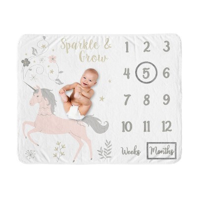 Image of Sweet Jojo Designs Girl Baby Milestone Blanket Unicorn Pink, Grey and Gold
