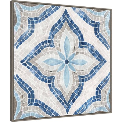 Blue and Beige Moroccan Tile Canvas Wall Art with Greywash Frame