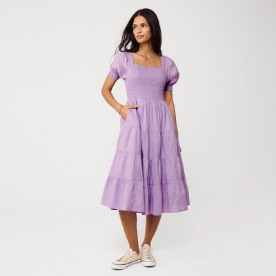 Lands' End Women's Smocked Cotton Dobby Midi Puff Sleeve Dress
