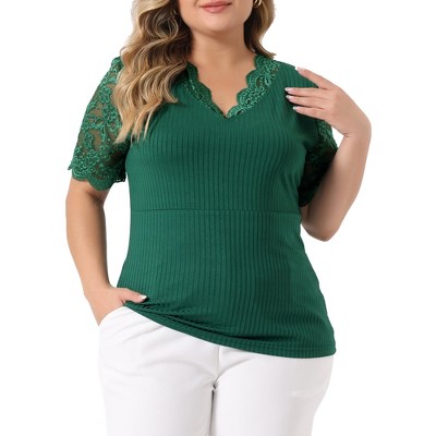 Agnes Orinda Women's Plus Size Summer V Neck Short Sleeve Elegant Lace  Ribbed Knit Tunic Blouse Green 1X